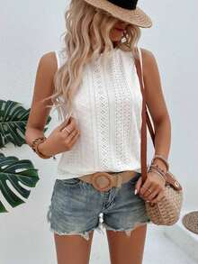 Top holgado de verano sin mangas de cuello redondo, unicolor, con bordado quemado - Blanco - Ver 7