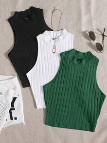 Top de tanque casual sólido de cuello redondo acanalado para el verano - Multicolor 10 - Ver 1
