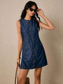 Vestido vaquero para mujer con bolsillos, abertura con botones de onda, vestido recto para mujer con cuello redondo, sin mangas, un solo botón, bolsillo, vestido azul de mezclilla para mujer, vestido azul marino, vestido estilo occidental para mujeres - Azul lavado medio - Ver 3