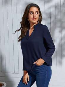 Clasi Blusa con cuello con muesca y mangas enrollables, blusas de manga larga - Azul marino - Ver 5