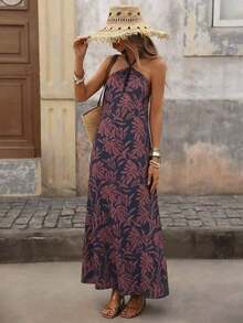 Vestido con estampado, corte con abertura alta, espalda descubierta, atar al cuello y flecos para mujer, vacaciones - Azul - Ver 4