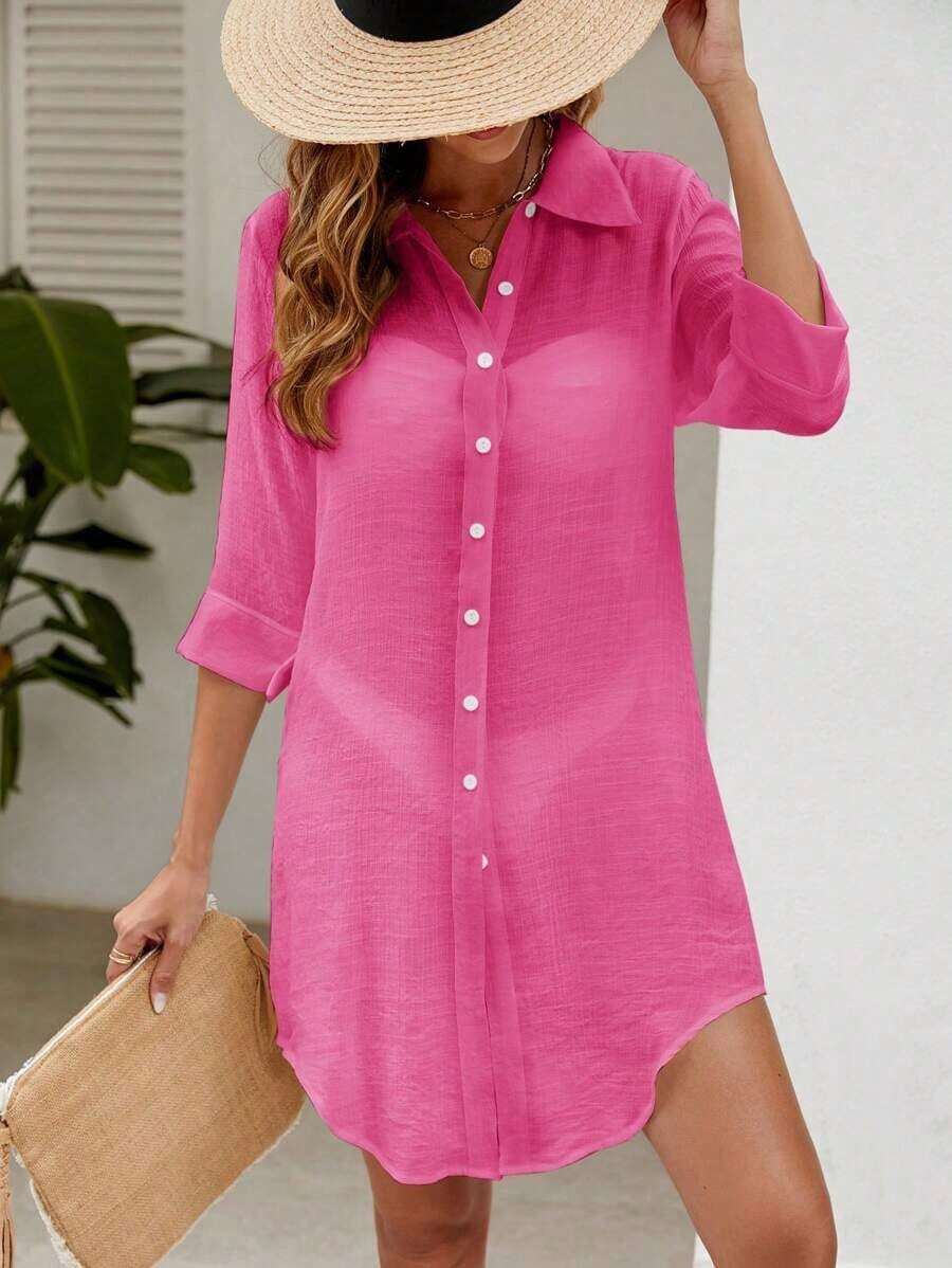 Kimono de verano semitraslúcido con botones hacia arriba para la playa - Rosa Fucsia - Ver 1