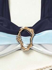 Conjunto de bikini con empalme y bloqueo de color, seductor y con Charm maduro - Azul marino - Ver 3