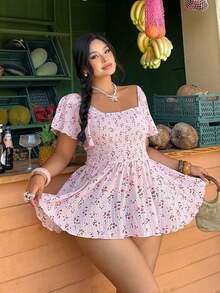 Blusa de manga corta con pliegues y estampado floral para mujer talla grande, para uso casual/vacaciones/oficina - Blanco - Ver 5