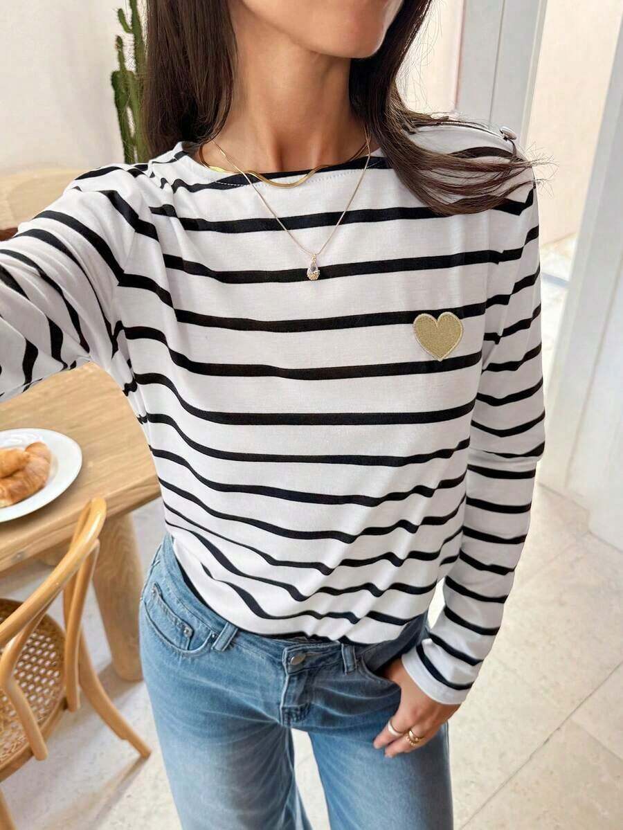Frenchy Camiseta De Manga Larga A Rayas Para Mujer Con Bordado De Corazón - Blanco y Negro 2 - Ver 1