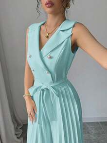 Mono plisado con diseño de chaleco cruzado elegante para mujer, color albaricoque, para primavera y otoño - Azul - Ver 5