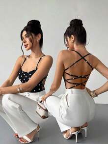 Body elegante y romántico con estampado bohemio y espalda cruzada, adecuado para vacaciones en la playa de Hawái y citas - Negro - Ver 9
