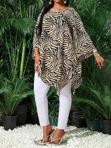 Blusa suelta y elegante de cuello redondo y manga 3/4 con acabado metálico sólido para mujer de talla grande.Atuendo de invierno térmico para Día de San Valentín, Año Nuevo y vacaciones, con estampado animal. - Multicolor 3 - Ver 6