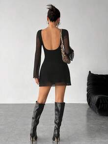 Vestido de malla con mangas de trompeta y espalda descubierta, nuevo y sexy para principios de otoño - Negro - Ver 5