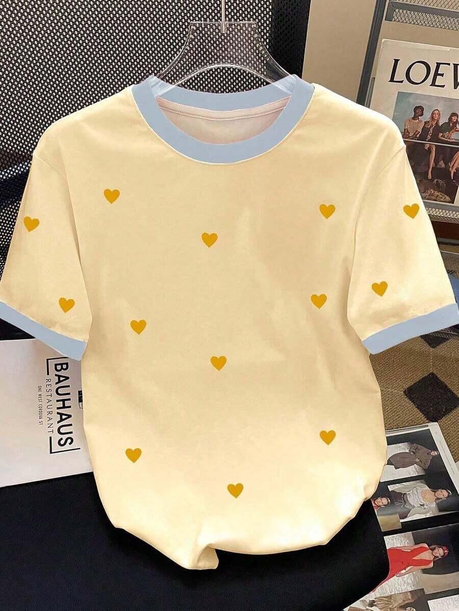 Camiseta casual versátil de manga corta con cuello redondo y estampado de corazón para mujer de talla grande - Amarillo - Ver 1