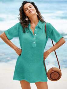 Conjunto de ropa de playa para mujer- Vestido de baño con cuello en V sin mangas como cobertor casual de playa - Verde - Ver 6