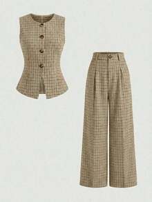 Conjunto de blazer sin mangas y pantalones a cuadros vintage 2026 - Detalles de botones de cintura alta, versátil y elegante conjunto de dos piezas para la oficina casual y las vacaciones - Multicolor 2 - Ver 3
