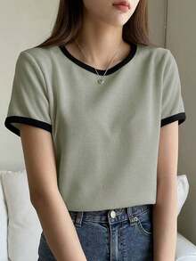 Camiseta básica de mujer de manga corta y cuello redondo, color liso, top de verano - Verde - Ver 4
