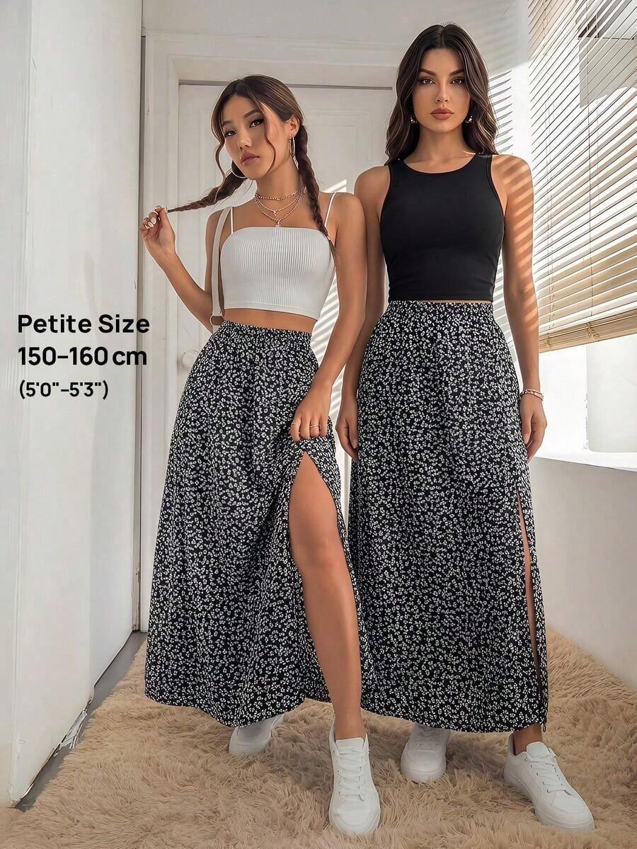 Falda De Verano Para Mujeres Con Estampado Floral Pequeño Y Abertura De Muslo - Blanco y Negro - Ver 1