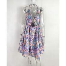 Vestido primavera mujer estampado, estilo sensual, escote al cuello con tirantes, calados y corte en capas - Rosa - Ver 2