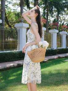 Vestido de tirantes con abertura lateral con estampado floral, blanco, elegante para vacaciones de verano - Blanco - Ver 6