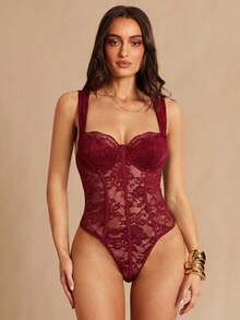 Body de encaje negro sexy, body de manga larga ajustado y transparente con parches de encaje, tirantes de espagueti, versátil para uso diario, citas y salir - Burdeos - Ver 3
