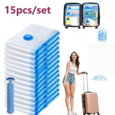 A Set Of 15 Vacuum-Sealed Storage Bags With A Manual Air Pump, Measuring 13.78*19.69 Inches, Made From Thick Plastic. Perfect For Storing Clothing, Luggage, Handbags, Backpacks.