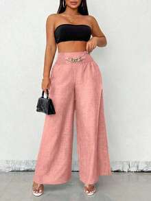 Women's Casual Wide-Leg Linen Pants With Metal Chain Detail, Autumn Style - 珊瑚粉 - 查看 4