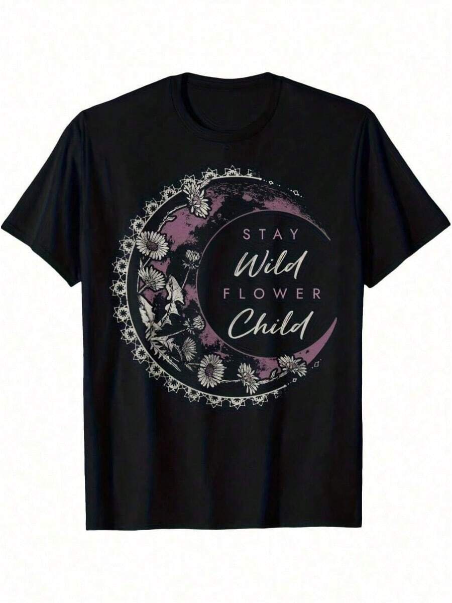 1 Piece Stay Groovy Retro 70s Flower Power Style T-Shirt, For All Seasons, Cotton, With One-Sided Print, Round Neck And Short Sleeves, 180g, 100% Cotton, Designs Are Printed. Unisex. - 黑色 27 - 查看 1