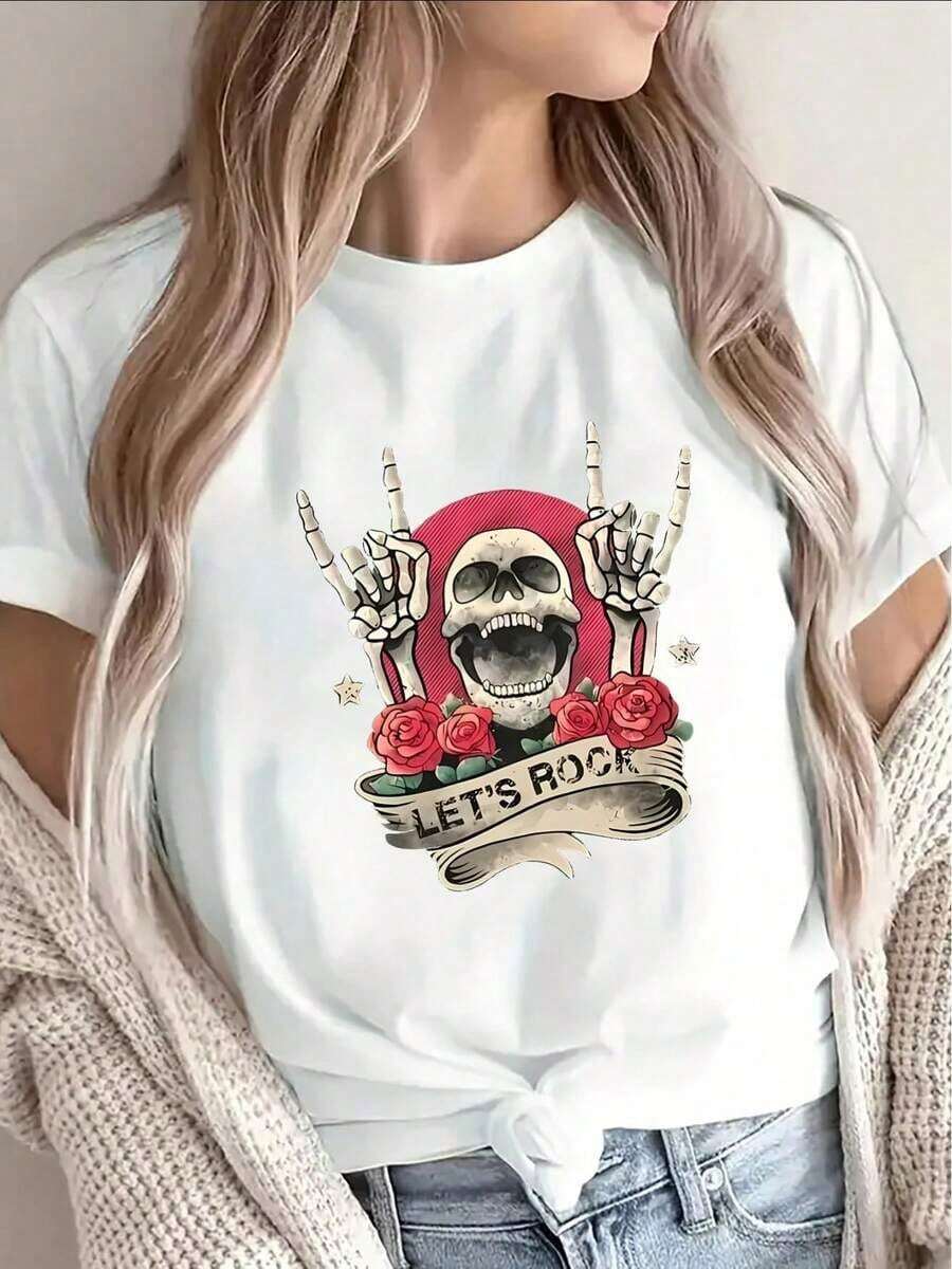 Women's Lightweight And Durable Graphic Tees, Short-Sleeved And Black, Featuring A Rock 'n' Roll Skull Design. Perfect For Casual Outings To Restaurants Or Lounging At Home, With A Comfortable Fit And Eye-Catching Graphic Print. Cotton Tees For Summer. - 白色 - 查看 1