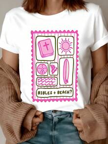 Símbolos que evocan un día luminoso junto al mar con sol radiante libro espiritual con cruz ola y concha marina en tonos rosa y coral camiseta de mujer casual cómoda para verano y momentos de paz relajada - Blanco - Ver 1