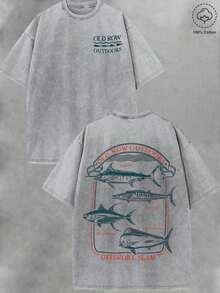 Men's Washed Cotton T-Shirt - Retro Style With "Offshore Slam" Fishing Graphic | Soft And Breathable 230g Summer Casual Sets | Men's Short Sleeve T-Shirt, Urban Style (Retro Style, Thick Fabric, Unisex) - 灰色 - 查看 7