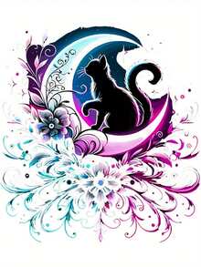 Women's Casual Chic Moon & Cat Graphic Tee - Soft Stretch Polyester, Round Neck Short Sleeve, Machine Washable Summer Top In White With Colorful Floral Design - White - View 2
