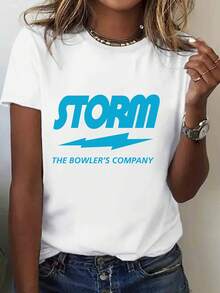 Camiseta deportiva de una pieza para mujer, estilo retro de los 80 con temática de bolos - estampado de la pista de bolos Storm y logotipo de la compa - Blanco - Ver 1