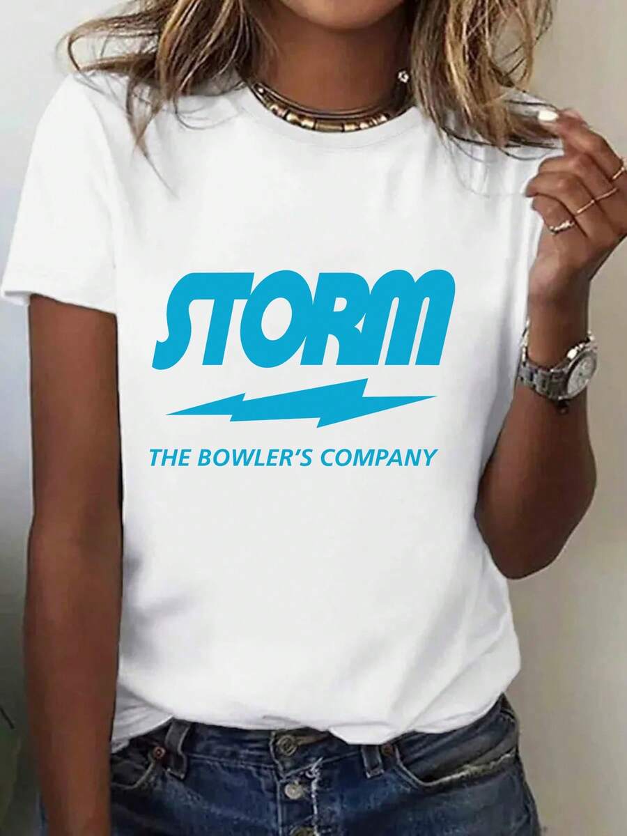 Camiseta deportiva de una pieza para mujer, estilo retro de los 80 con temática de bolos - estampado de la pista de bolos Storm y logotipo de la compa - Blanco - Ver 1