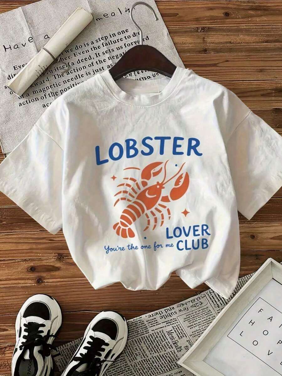 1 Piece Women's Graphic T-Shirt "Lobster Lovers Club" - Casual Crew Neck, Short Sleeves, Regular Length, Black With Red Lobster Design, Perfect For Summer Outings And Casual Summer Wear. Fun Graphic T-Shirt, Comfortable Fit, 180g 100% Cotton. - 白色 - 查看 1