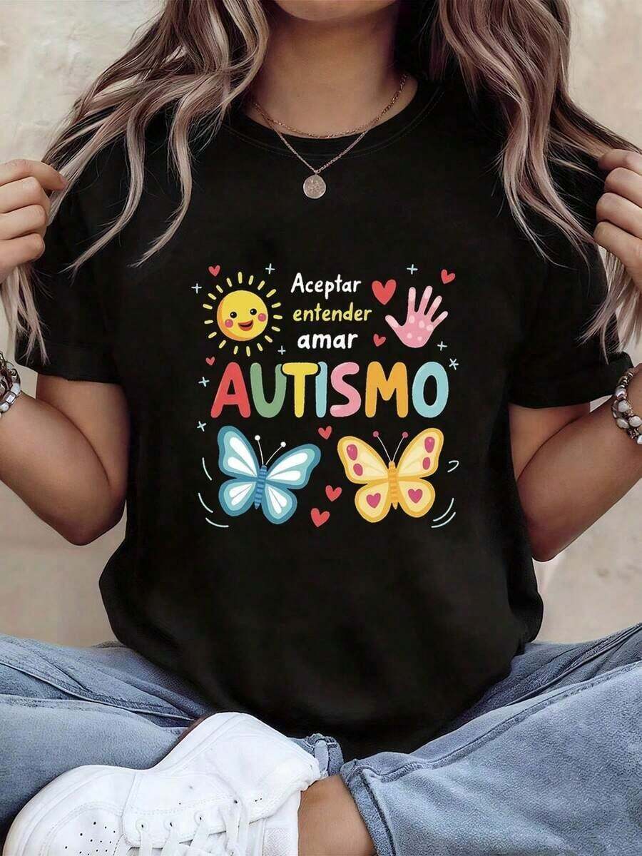 Soft, Breathable, And Lightweight For All-Day Comfort. Women's Short-Sleeve Crew Neck T-Shirt With A "Accepting, Understanding, And Loving Autism" Print, Perfect For Spring And Summer. Classic Neckline With A Relaxed Fit That Flatters All Body Types And Is Easy To Pair With Jeans, Shorts, And Leggings. - 黑色 - 查看 1