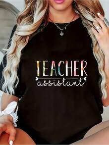 1 camiseta estampada para asistente de profesora - diseño colorido con letras y corazones, con iconos, corte casual de manga corta y cuello redondo, ajuste cómodo, lavable a máquina, top negro, adecuada para educadoras, empleadas y uso casual, apta para todas las estaciones, 180g 100% algodón. - Negro - Ver 6