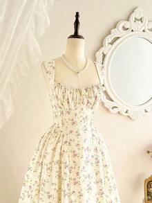 Vestido elegante vintage de mujer con bolsillos, con Body fruncido con estampado floral diminuto, tirantes de espagueti, vestido casual para fiesta, vacaciones y verano, vestidos de verano para mujer, vestido de graduación, vestido de cumpleaños, vestido de boda para invitada, vestido de primavera para mujer, vestido de vacaciones para mujer - Albaricoque - Ver 6