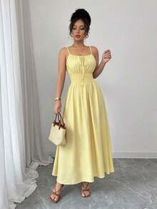 Vestido de lino con nudo en el frente, plisado en la cintura y sin mangas, color café claro, cómodo y casual, para primavera y verano - Amarillo claro - Ver 8
