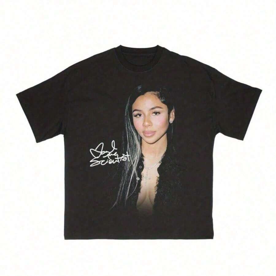 1 Piece Funny Retro 90s Rapper Cat Print T-Shirt, Round Neck, Short Sleeve, Women's Cotton, Summer, 180g, 100% Cotton. - Black 7 - View 1
