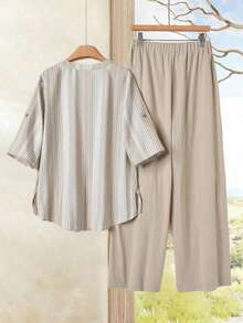 Conjunto informal de blusa de manga corta con cuello en V a rayas y pantalón de pierna ancha para mujer - Azul marino 2 - Ver 8