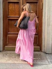 Long Pink Loose-Fitting Island-Style Dress With Straps, Perfect For Summer 2026 - 粉色 - 查看 4