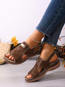 2026 New Plus Size Wedge Open Toe Sandals, Women Fashion Hollow Out Comfortable Lightweight Casual Versatile Sandals - Brown - View 2