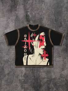 ROMWE MEN Street Life Camiseta de manga corta de corte holgado con hombros caídos y estampado a mano para hombre - Multicolor - Ver 8