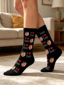 1 pieza Calcetines personalizados con foto para hombres, impresos con el texto "Amo a papá" y la cara del bebé, color negro, hechos de tela elástica suave y cómoda, adecuados para uso diario y como regalo personalizado para el Día del Padre - Negro - Ver 3