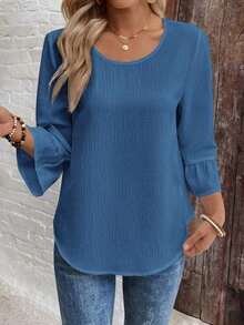Camisa de mujer de unicolor, minimalista y casual de cuello redondo y manga larga - Azul - Ver 1