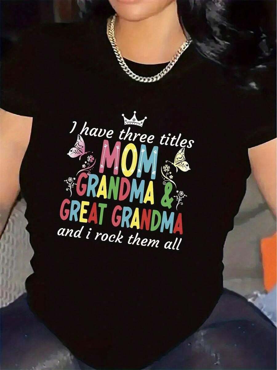 Unique Y2K T-Shirt With A Colorful Design Celebrating Family Love, Highlighting The Titles Of Mom, Grandma, And Great-Grandma. Perfect For Expressing Your Pride And Modern Style, Ideal For Any Occasion. Make It Part Of Your Wardrobe Today! - 黑色 - 查看 1