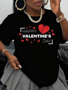 Women's Heart Print T-Shirt For Valentine's Day, Valentine's Day Gift, Casual Wear, Cute And Romantic, Fashionable Summer T-Shirt - 黑色 - 查看 1