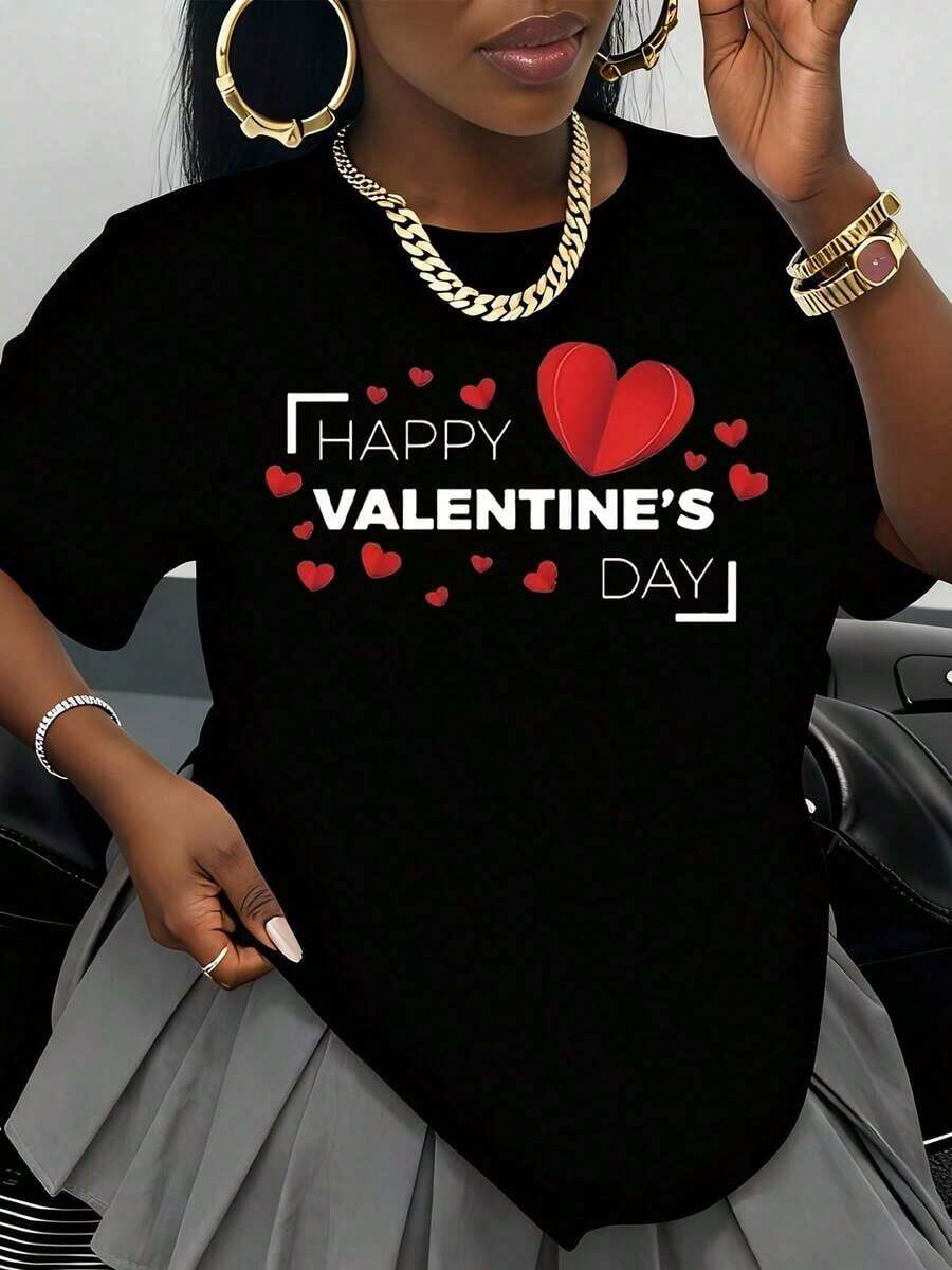 Women's Heart Print T-Shirt For Valentine's Day, Valentine's Day Gift, Casual Wear, Cute And Romantic, Fashionable Summer T-Shirt - 黑色 - 查看 1