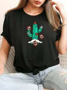 Under The Radar 1pc Soft Fabric Women's Short Sleeve T-Shirt With Cactus And Flower Print Bohemian Style For Summer Casual Fashion Feminine T-Shirt Blouse Top 100% Cotton - Vintage Street Style Unisex Loose Cotton Short Sleeve Crew Neck T-Shirt - 黑色 - 查看 2
