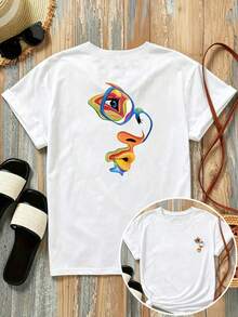 New 180g Short-Sleeved T-Shirt, 1% Cotton, With Front And Back Prints - Abstract Art, Iris Glasses - Fashionable Printed T-Shirt For Women, Short-Sleeved, Suitable For All Seasons, Modern Clothing - Can Be Worn As A Base Layer In Spring And Autumn Or Alone In Summer, Unisex. - 白色 - 查看 7