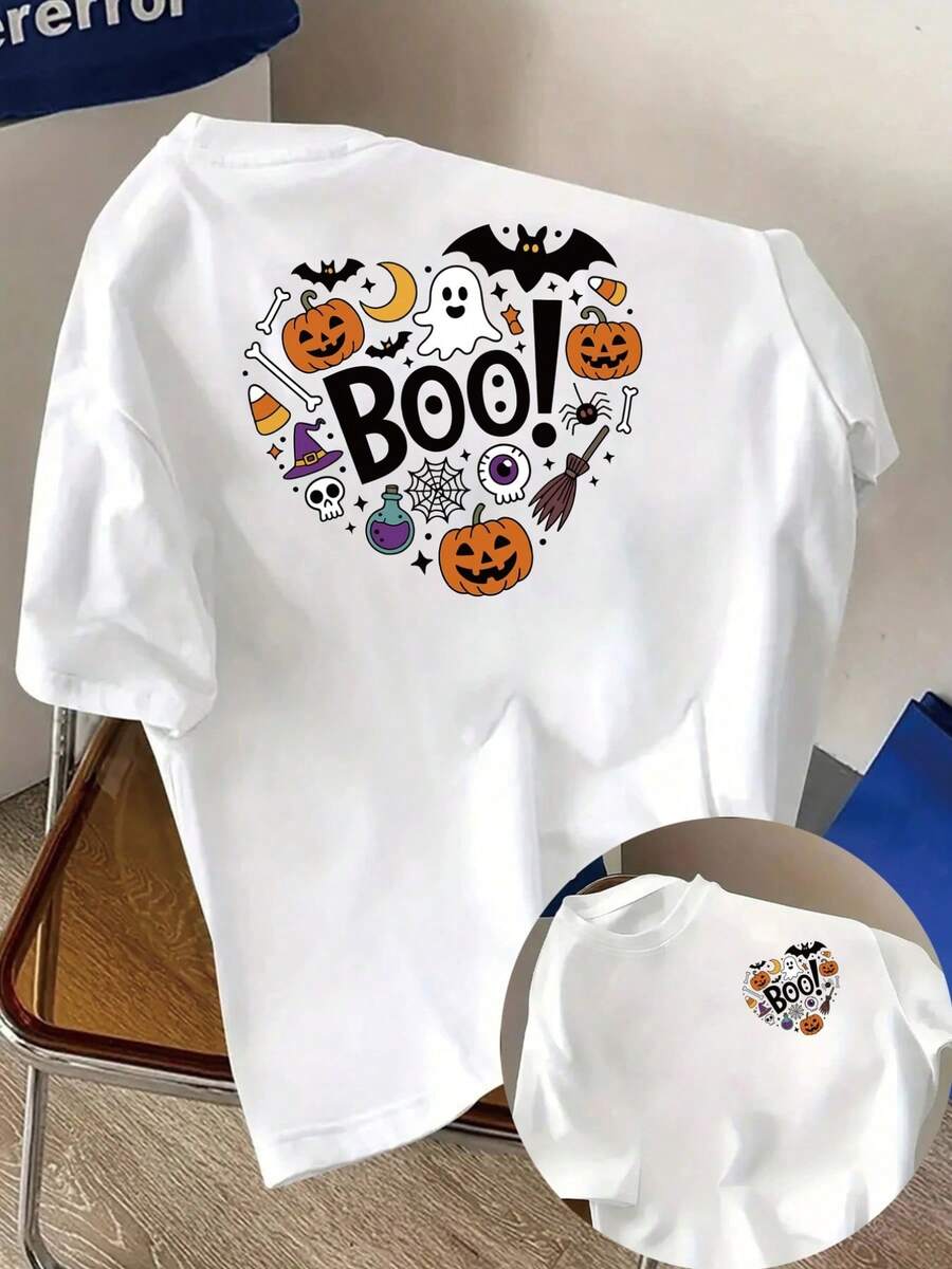 New 180g Short-Sleeved T-Shirt, 1% Cotton, With Front And Back Prints - Halloween, Ghosts - Fashionable Printed T-Shirt For Women, Your Best Choice! - Suitable For Layering In Spring And Autumn, Or Alone In Summer, Unisex Style. - White - View 1