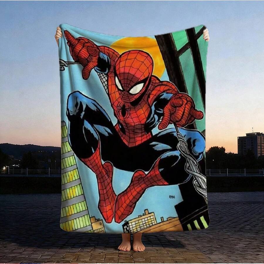 1pc S-Pider-Man Print Blanket,Retro Cartoon Style Throw Blanket,Cartoon Character Printed Blanket,All-Season Universal Nap Blanket,Character Home Decor Blanket,Modern Fashion Gift Suitable For Home Bedroom Bed Sofa Office Lunch Break Cover Picnic Blanket - 彩色 - 查看 1
