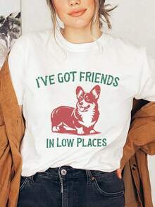 Funny Corgi Dog Graphic Print T-Shirt, Simple And Versatile Design, Short Sleeve, Round Neck, Casual Top For Summer And Spring, Women's Clothing, Cotton T-Shirt - 白色 - 查看 1